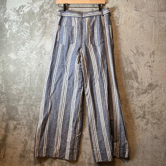 Anthropologie Womens Beachy Wide Leg Pants Linen Blend Blue White Striped Size 4 - Picture 3 of 6